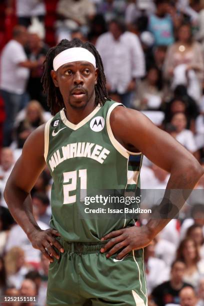 Jrue Holiday of the Milwaukee Bucks looks on during the game against the Miami Heat during Round 1 Game 4 of the 2023 NBA Playoffs on April 24, 2023...