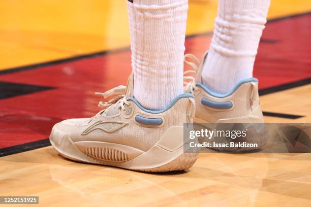 The sneakers worn by Jimmy Butler of the Miami Heat during the game against the Milwaukee Bucks during Round 1 Game 4 of the 2023 NBA Playoffs on...