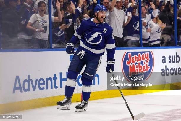 Steven Stamkos of the Tampa Bay Lightning celebrates a goal against the Toronto Maple Leafs during the second period in Game Four of the First Round...