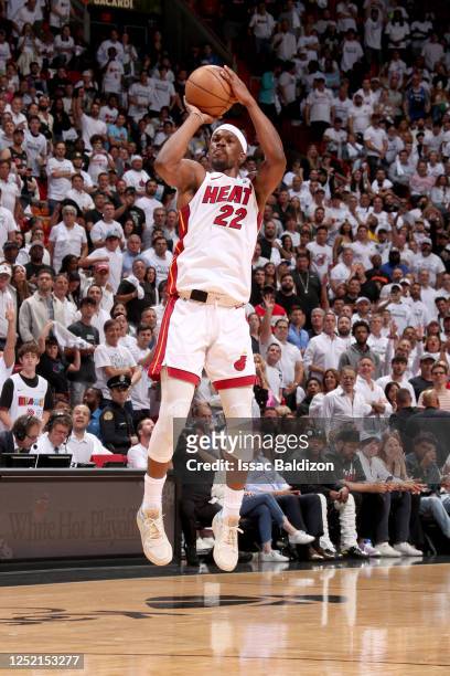Jimmy Butler of the Miami Heat shoots a three point basket against the Milwaukee Bucks during Round 1 Game 4 of the 2023 NBA Playoffs on April 24,...