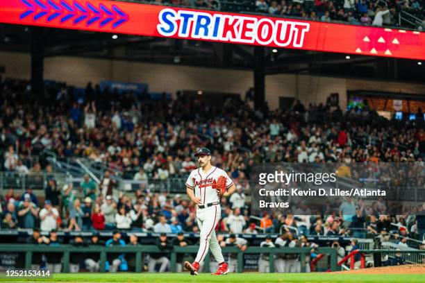 Spencer Strider of the Atlanta Braves walks off the mound after recording a strikeout to end the sixth inning against the Miami Marlins at Truist...