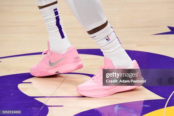 The sneakers worn by LeBron James of the Los Angeles Lakers prior to the game against the Memphis Grizzlies during Round 1 Game 4 of the 2023 NBA...
