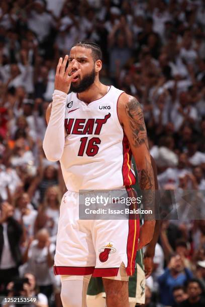 Caleb Martin of the Miami Heat celebrates after a play during the game against the Milwaukee Bucks during Round 1 Game 4 of the 2023 NBA Playoffs on...