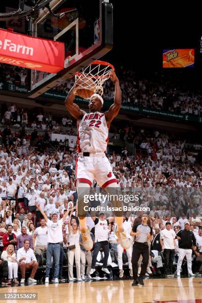 Jimmy Butler of the Miami Heat dunks the ball against the Milwaukee Bucks during Round 1 Game 4 of the 2023 NBA Playoffs on April 24, 2023 at FTX...