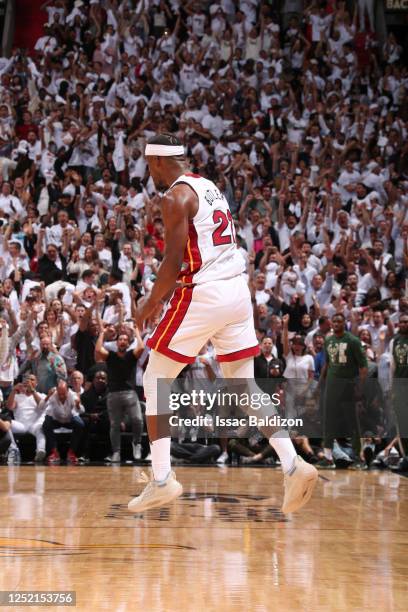 Jimmy Butler of the Miami Heat reacts during the game against the Milwaukee Bucks during Round 1 Game 4 of the 2023 NBA Playoffs on April 24, 2023 at...