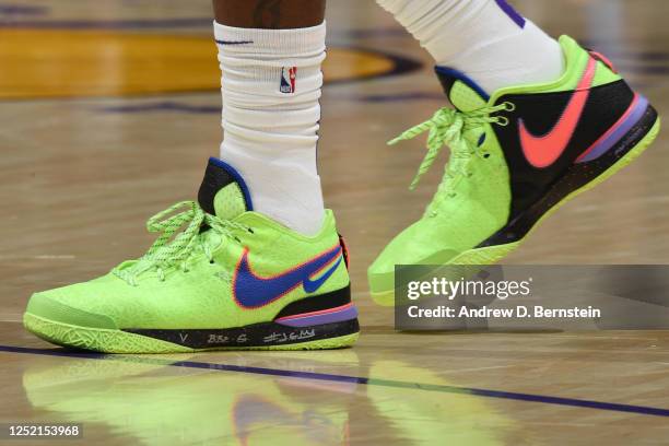 The sneakers worn by LeBron James of the Los Angeles Lakers during Round One Game Four of the 2023 NBA Playoffs against the Memphis Grizzlies on...