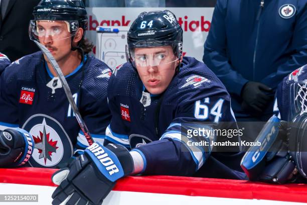Logan Stanley of the Winnipeg Jets looks on from the bench prior to puck drop against the Vegas Golden Knights in Game Four of the First Round of the...