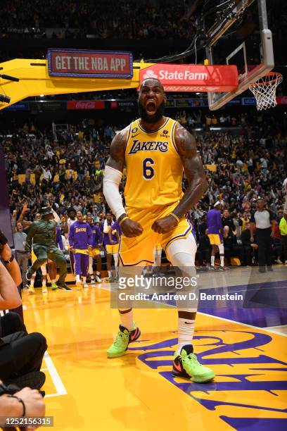 LeBron James of the Los Angeles Lakers celebrates during Round One Game Four of the 2023 NBA Playoffs against the Memphis Grizzlies on April 24, 2023...