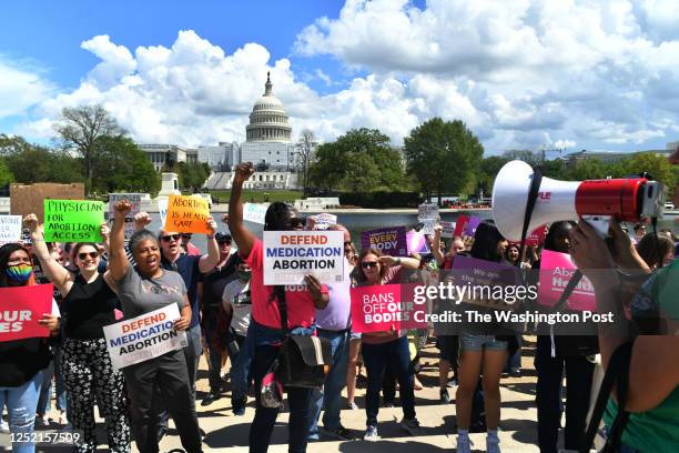 After gathering at the US Supreme Court in Washington, D.C., April 15 to protest increasing restrictions on access to abortion and abortion pills,...