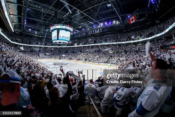 Fans wave white towels as they cheer on the Winnipeg Jets prior to puck drop against the Vegas Golden Knights in Game Four of the First Round of the...