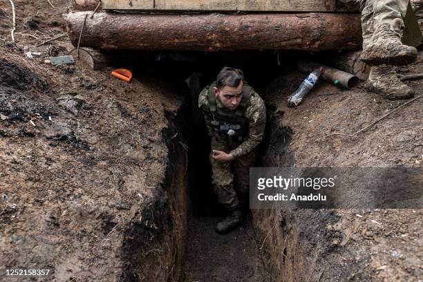 Ukrainian soldier of the 80th brigade in a trench in the direction of Bakhmut as the Russia-Ukraine war continues in Donetsk Oblast, Ukraine on April...