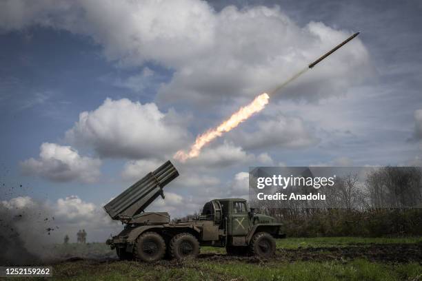 Grad missile is launched on Donetsk frontline as the Russia-Ukraine war continues in Donetsk Oblast, Ukraine on April 24, 2023.