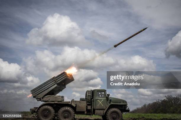 Grad missile is launched on Donetsk frontline as the Russia-Ukraine war continues in Donetsk Oblast, Ukraine on April 24, 2023.
