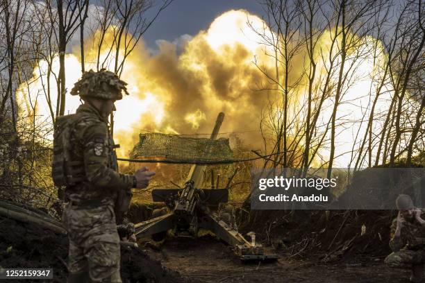 Ukrainian soldiers fire artillery on Donetsk frontline as the Russia-Ukraine war continues in Donetsk Oblast, Ukraine on April 24, 2023.