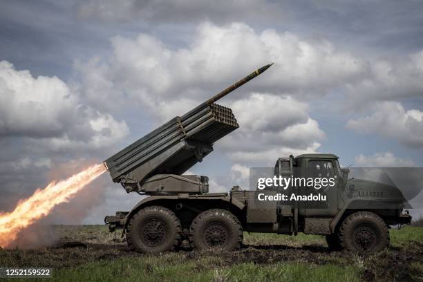 Grad missile is launched on Donetsk frontline as the Russia-Ukraine war continues in Donetsk Oblast, Ukraine on April 24, 2023.