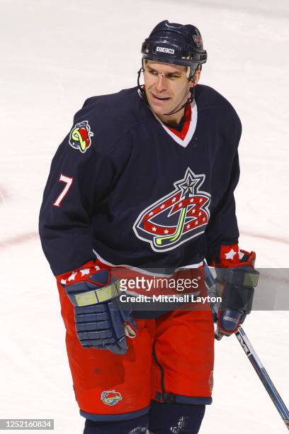 Scott Lachance of the Columbus Blue Jackets looks on during a NHL hockey game against the Washington Capitals at MCI Center on January 3, 2003 in...