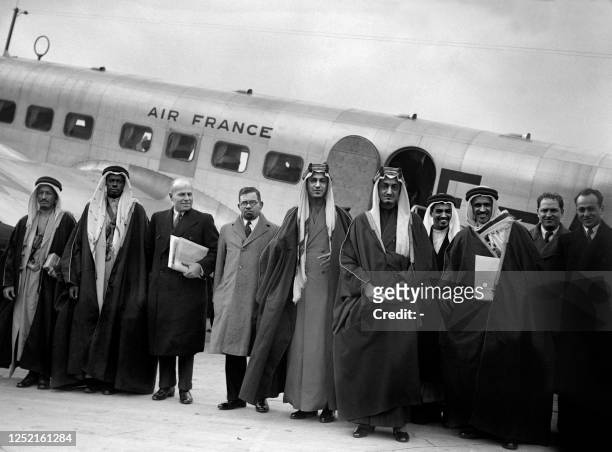 Saudi Arabia's Crown Prince Faisal ibn Abdul Aziz Al Saud , the future King of Saudi Arabia, poses 25 March 1939 at Paris' Le Bourget airport in...