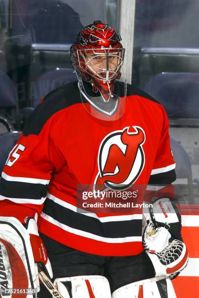 Corey Schwab of the New Jersey Devils looks on beofre a NHL hockey game against the Washington Capitals at MCI Center on February 5, 2003 in...