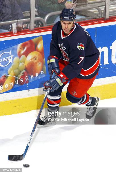 Scott Lachance of the Columbus Blue Jackets skates with the puck during a NHL hockey game against the Washington Capitals at MCI Center on January 3,...