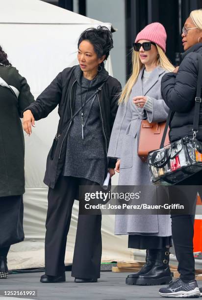 Jessica Yu and Emma Roberts are seen at the film set of the 'American Horror Story' TV Series on April 24, 2023 in New York City.