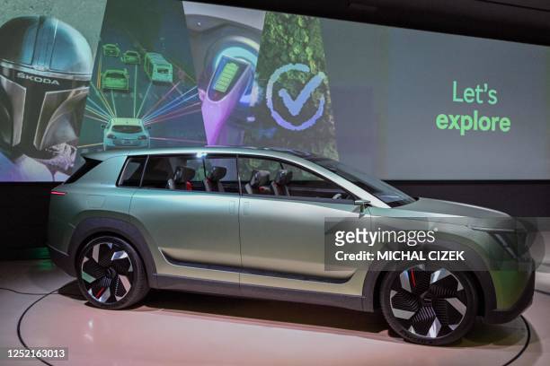 The Skoda Vision 7S Concept electric car is on display during the presentation of the new brand identity of the Czech automobile manufacturer Skoda...
