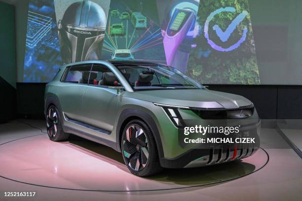 The Skoda Vision 7S Concept electric car is on display during the presentation of the new brand identity of the Czech automobile manufacturer Skoda...