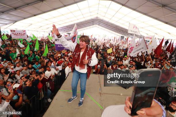 April 23 Nezahualcoyotl, State of Mexico, Mexico: Delfina Gomez, candidate for Governor for the state of Mexico for the Morena Party during a...