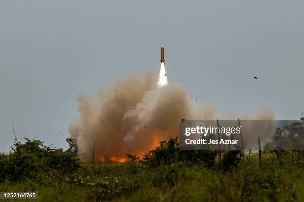 Patriot surface-to-air missile is fire by United States military during a live fire drill presented to members of the media on April 25, 2023 at the...