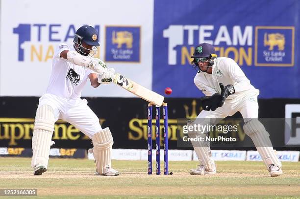 Dimuth Karunaratne of Sri Lanka plays a shot during the second day of the second Test match between Sri Lanka and Ireland at the Galle International...