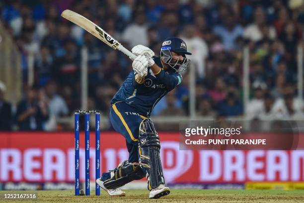 Gujarat Titans' Rahul Tewatia plays a shot during the Indian Premier... News Photo - Getty Images