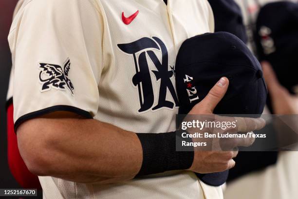 Detailed view of the Texas Rangers Nike City Connect jersey during a game against the Oakland Athletics at Globe Life Field on April 22, 2023 in...