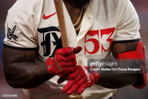 Detailed view of the Texas Rangers City Connect Uniform worn by Adolis Garcia during a game against the Oakland Athletics at Globe Life Field on...