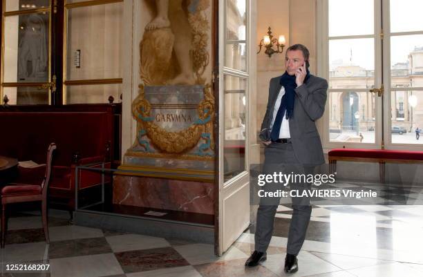 The Minister of Labour, Employment and Integration, Olivier Dussopt is photographed for Paris Match in the Delacroix room of the Palais Bourbon,...