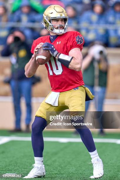 Notre Dame Fighting Irish quarterback Sam Hartman throws the football during the Notre Dame Blue-Gold Spring Football Game at Notre Dame Stadium on...