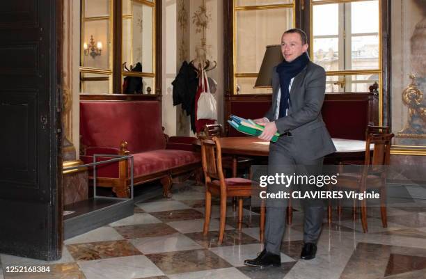 The Minister of Labour, Employment and Integration, Olivier Dussopt is photographed for Paris Match in the Delacroix room of the Palais Bourbon,...