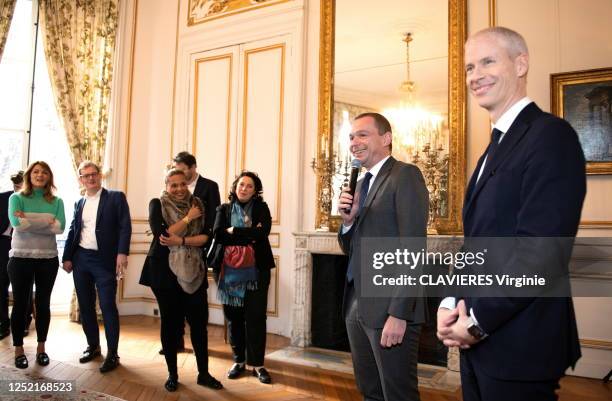 The Minister of Labour, Employment and Integration, Olivier Dussopt is photographed for Paris Match with Franck Riester, Minister for Relations with...