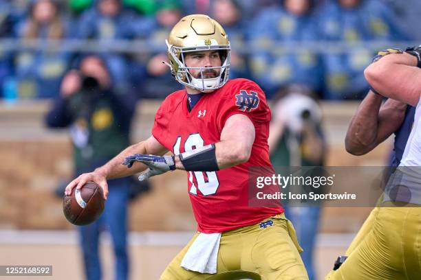 Notre Dame Fighting Irish quarterback Sam Hartman throws the football during the Notre Dame Blue-Gold Spring Football Game at Notre Dame Stadium on...