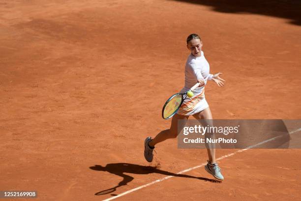 Ana Bogdan of Romania in action against Anna Bondar of Hungary during qualifying at the Mutua Madrid Open 2023 tennis tournament on April 25, 2023 at...