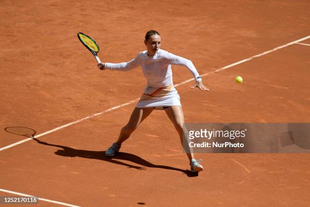 Ana Bogdan of Romania in action against Anna Bondar of Hungary during qualifying at the Mutua Madrid Open 2023 tennis tournament on April 25, 2023 at...