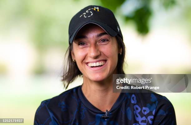 Caroline Garcia of France talks to the media on Day Two of the Mutua Madrid Open at La Caja Magica on April 25, 2023 in Madrid, Spain