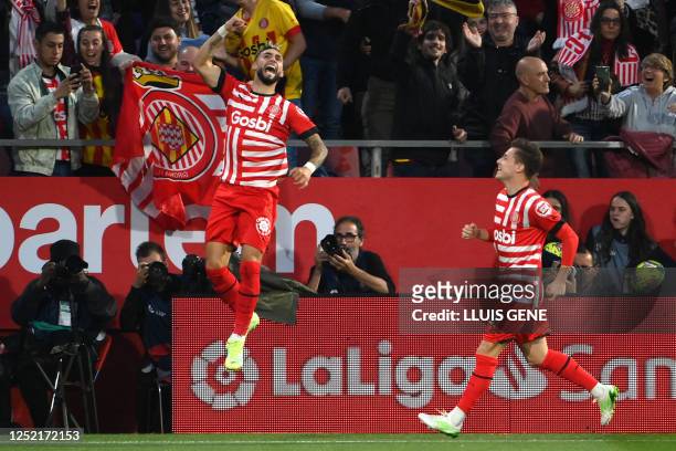 Girona's Argentinian forward Taty Castellanos celebrates scoring a hat-trick during the Spanish league football match between Girona FC and Real...