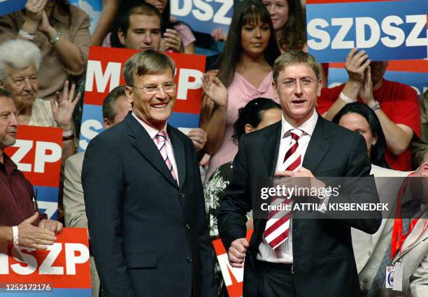 The mayor of Budapest and joint candidate of MSZP-SZDSZ party, Gabor Demszky , stands next to Hungarian Prime Minister Ferenc Gyurcsany of the...