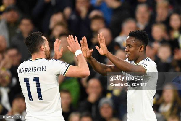 Leeds United's Colombian striker Luis Sinisterra celebrates with Leeds United's English midfielder Jack Harrison after scoring his team first goal...