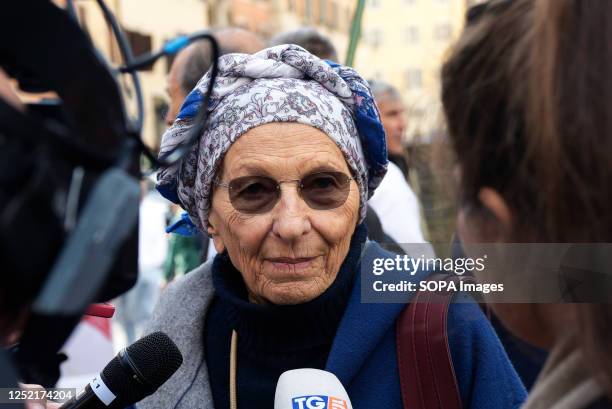 Emma Bonino speaks to the press during the celebrations of Italy's liberation from Nazi fascism and full support for the Ukrainian resistance against...