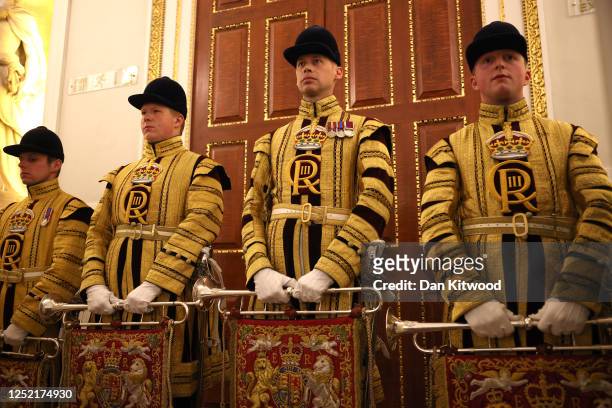 State Trumpeters play during the Easter Banquet at Mansion House on April 25, 2023 in London, England. The Lord Mayor, the Rt Hon James Cleverly MP,...