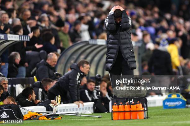 Javi Gracia the head coach / manager of Leeds United reacts during the Premier League match between Leeds United and Leicester City at Elland Road on...