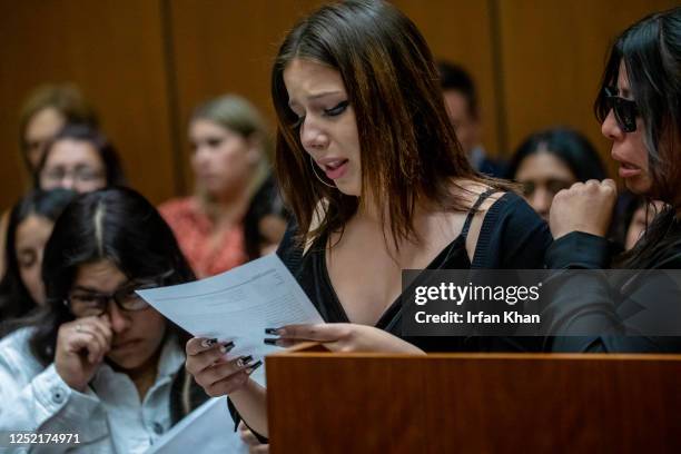 Cousin Dana Barron breaks down while addressing court at the sentencing of Heather Barron and Kareem Ernesto Leiva, defendants in Anthony Avalos...