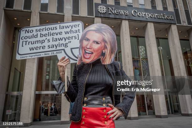 Participant seen holding a Ingraham head outside Fox News HQ. In the wake of the settlement with Dominion Voting Systems, the firing of Fox's anchor...