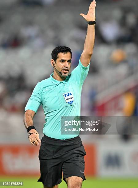 Referee Abdulrahman Ibrahim Al-Jassim reacts during the Amir Cup Qatar 22/23 semi-final match between Al Arabi SC and Al Sailiya SC at Abdullah Bin...