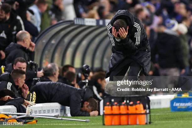 Javi Gracia the head coach / manager of Leeds United reacts during the Premier League match between Leeds United and Leicester City at Elland Road on...